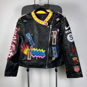Honey Pot Women’s Black Faux Leather Jacket with Colorful Patches Size 3XL